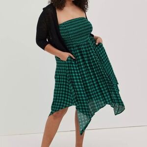 NWT Torrid Midi Gauze Strapless Dress size 12 black green plaid check